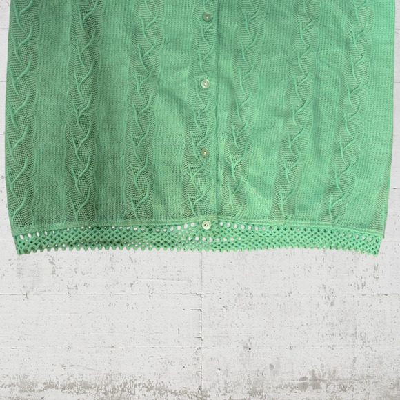 60s Vintage Pastel Green Acrylic Crewneck Crochet Cardigan Sweater Size Large - Picture 4 of 8